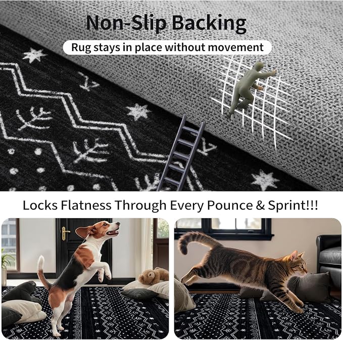 SERISSA 5x8 Area Rugs for Living Room, Washable Non-Slip Black and White Boho