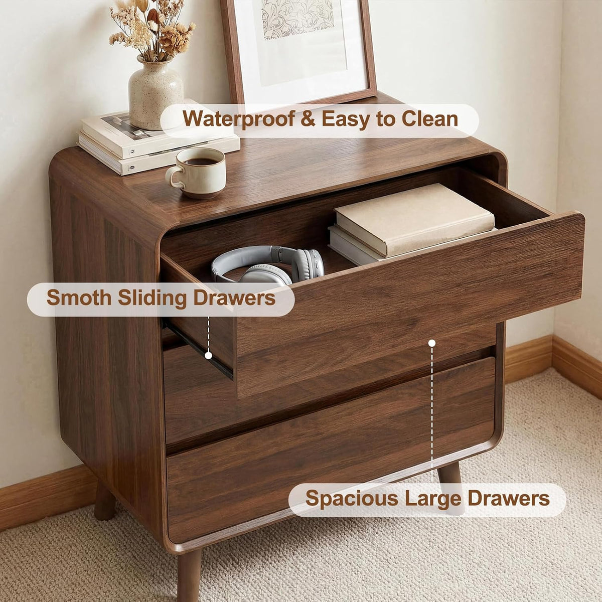 Nasonet 3 Drawer Dresser for Bedroom, Mid Century Modern Chest of Drawers, Curved Dresser with Storage Drawer, Wooden Bedroom Furniture Drawer for Closet, Home Office, Walnut