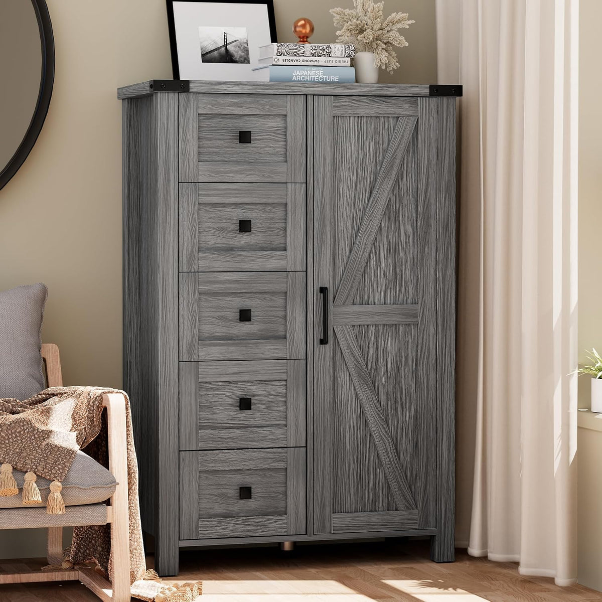VVFLU Farmhouse Dresser Storage Cabinet Chest of Drawer for Bedroom, 5 Drawer Dresser with Barn Door, 48 Inch Tall Grey Wood Dresser, Adjustable Shelves, Rustic, for Living Room, Entryway, Hallway