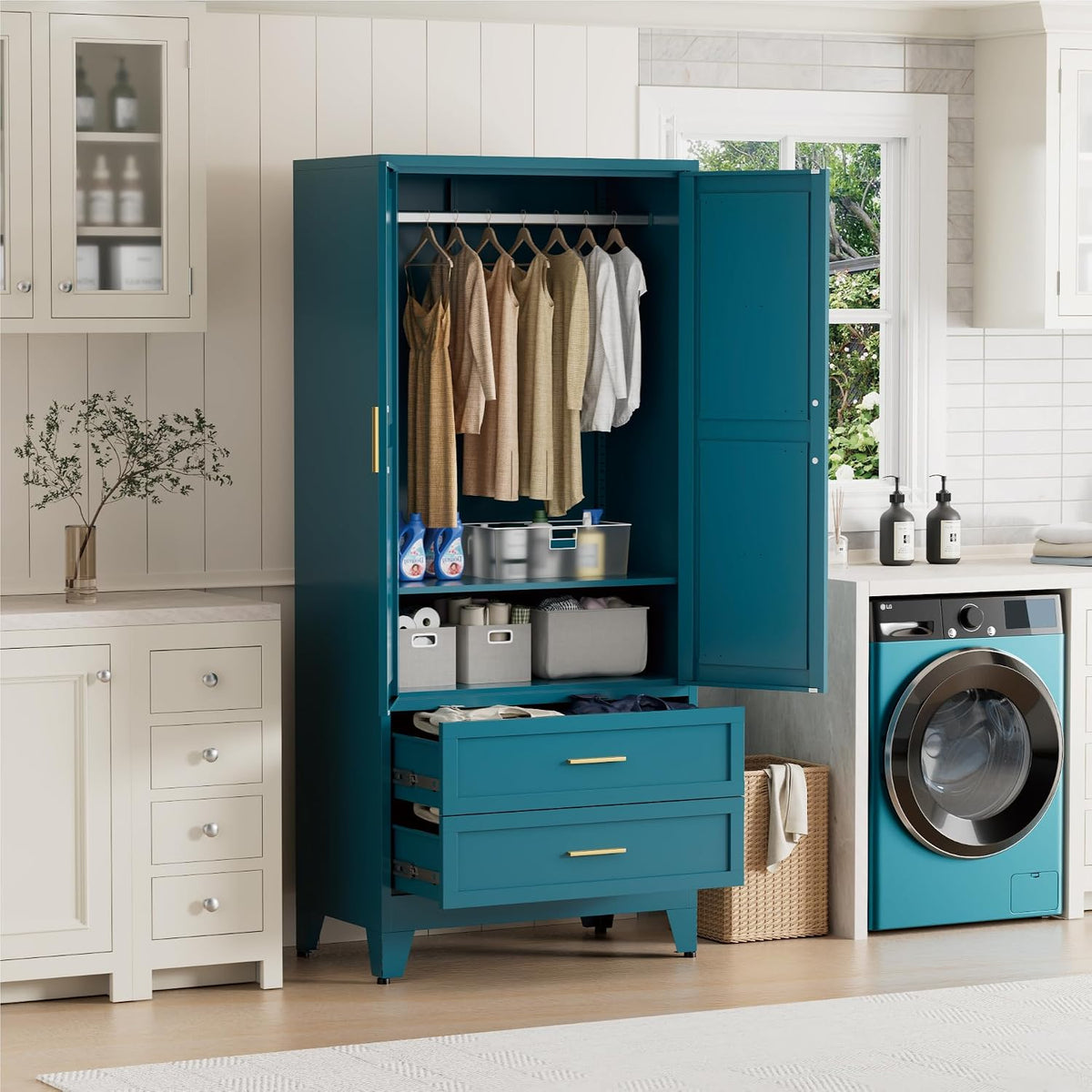 Metal Wardrobe Closet with Doors, 71" Tall Armoire Wardrobe with 2 Drawers and Hanging Rod, Farmhouse Steel Wardrobe Storage Cabinet for Bedroom, Laundry Room, Cloak Room -Blue