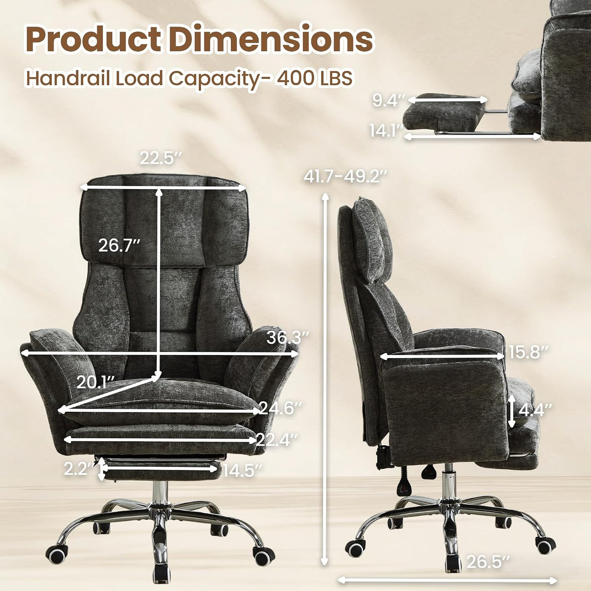 Big and Tall Office Chair with Flip Arms and Footrest, Chenille Criss Cross Legged Home Office Desk Chair with Pet Seat, Comfy Reclining Computer Gaming Chair, Dark Grey