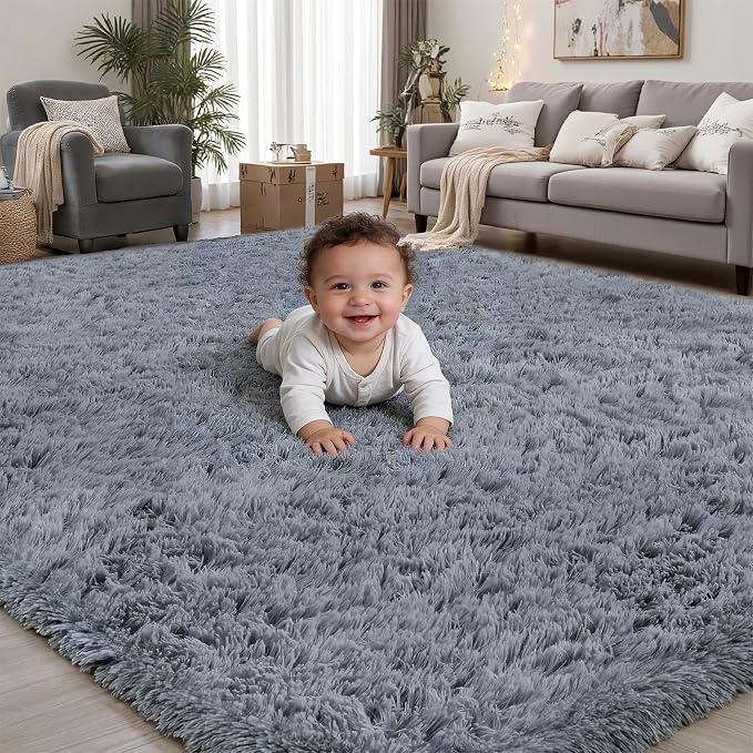 Area Rug for Living Room Bedroom: 9x12 Grey Soft Fluffy Shag Upgrade Non-Slip