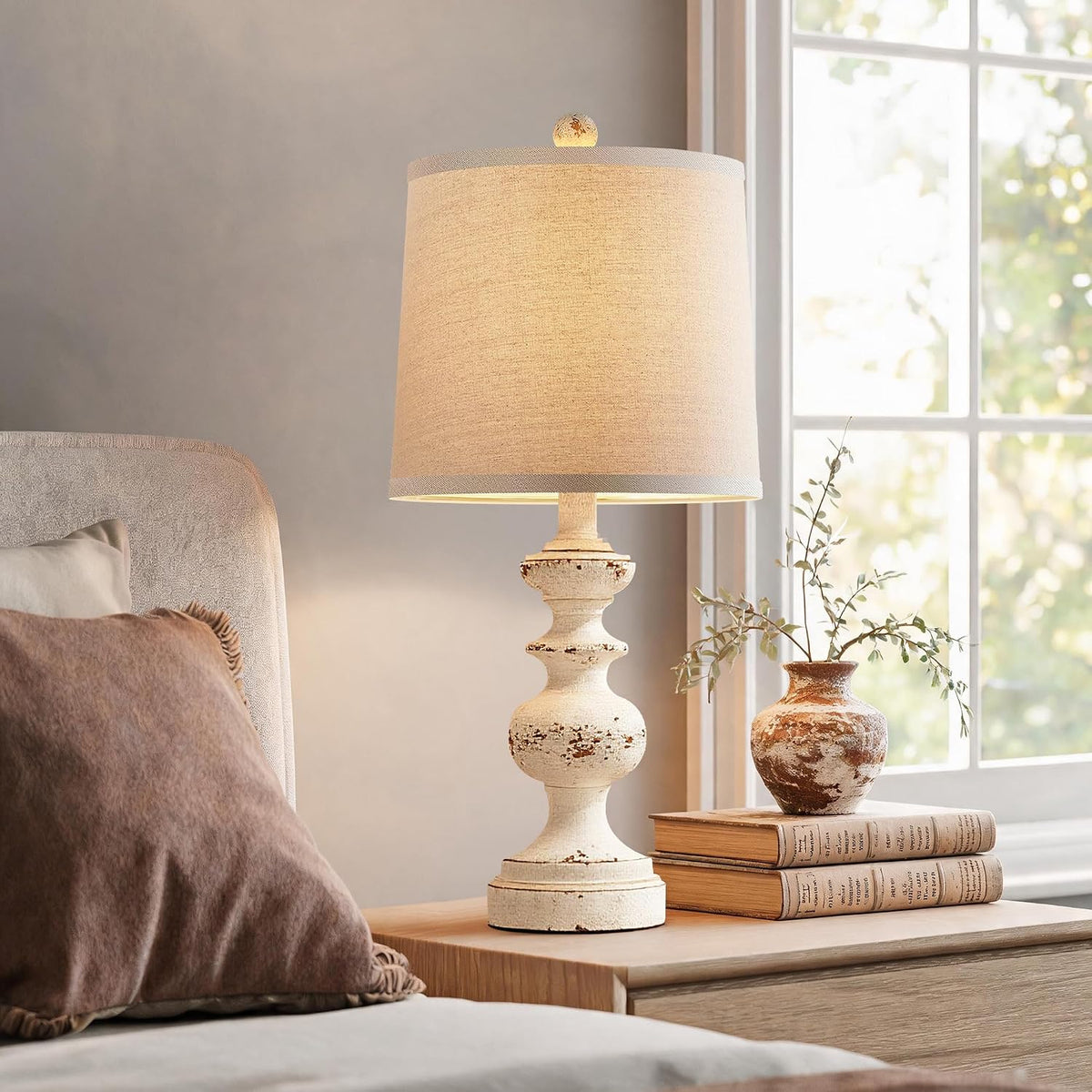 PARTPHONER Farmhouse Table Lamp Set of 2, Rustic Table Lamps for Living Room Bedroom, 22" Mid Century Modern Desk Lamp Bedside Nightstand Lamps with Linen Tapered Drum Shades, Washed White