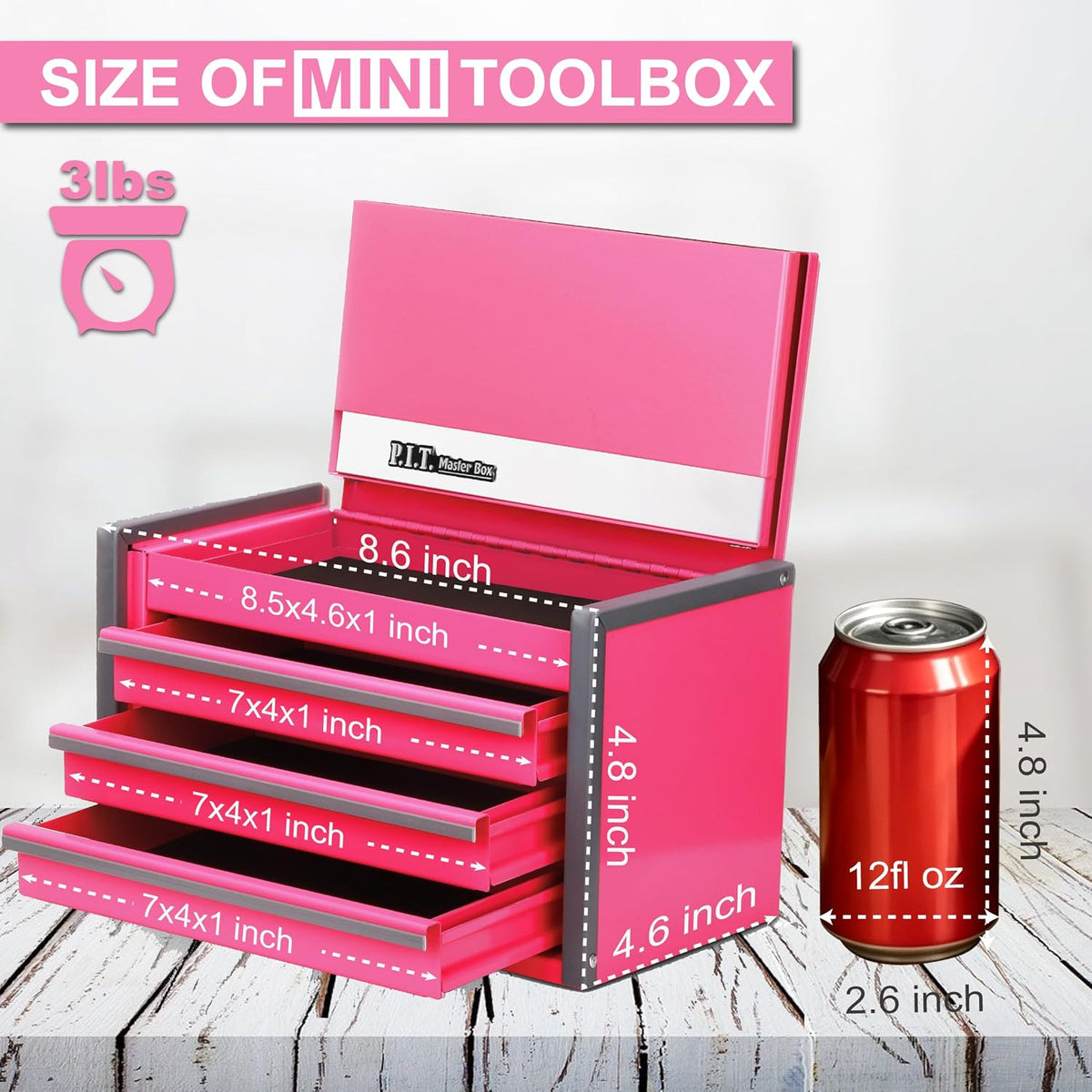 P.I.T. Mini Tool Box,3 Drawers Small Metal Toolbox for Tools Storage,Pink