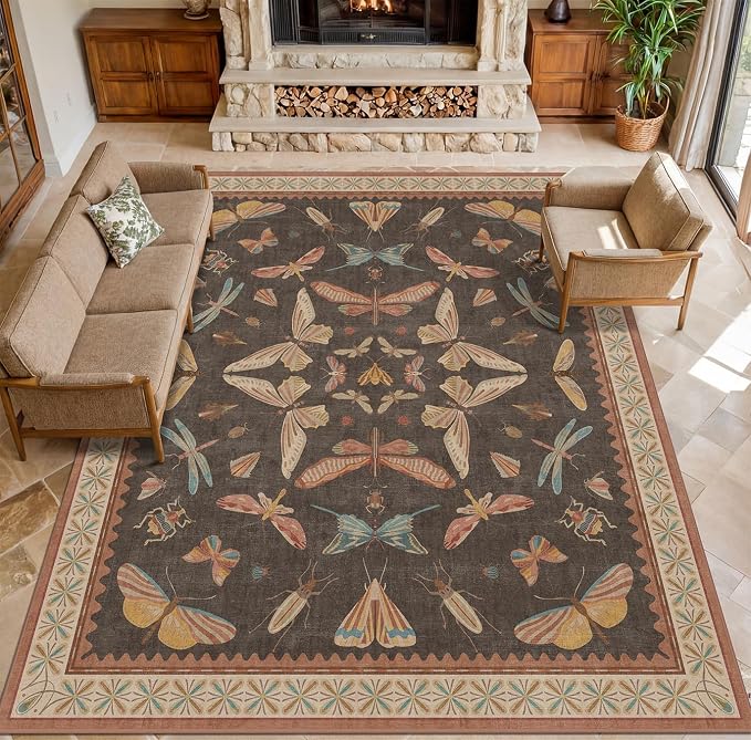 Brown Large 8x10 Living Room Area Rug, Unique Washable Insect Rugs