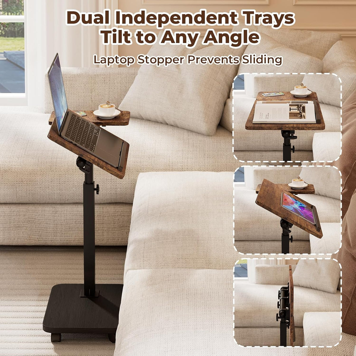 BROTTAR Rolling TV Tray Table with Wheels, Adjustable C Table, Rustic Brown