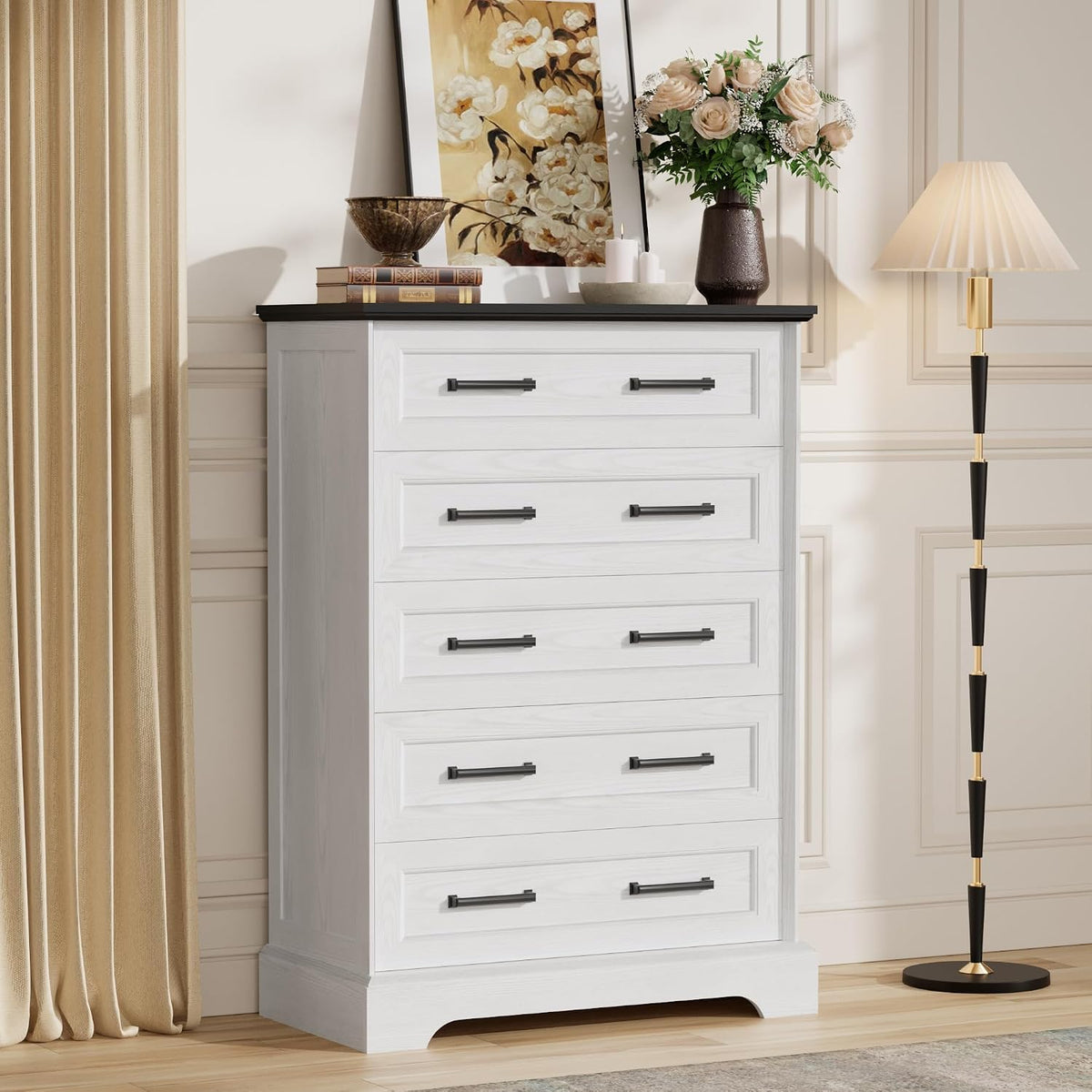 Furmax Farmhouse Dresser for Bedroom, 5 Drawers Dresser, White & Black