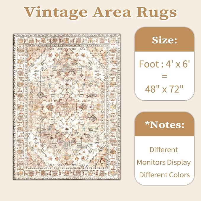 SERISSA 4x6 Boho Bedroom Rug, Washable Non Slip Vintage Peach Cream Area Rugs