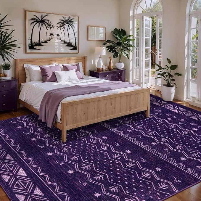 SERISSA 5x7 Area Rugs for Living Room, Washable Non-Slip Purple and White Boho
