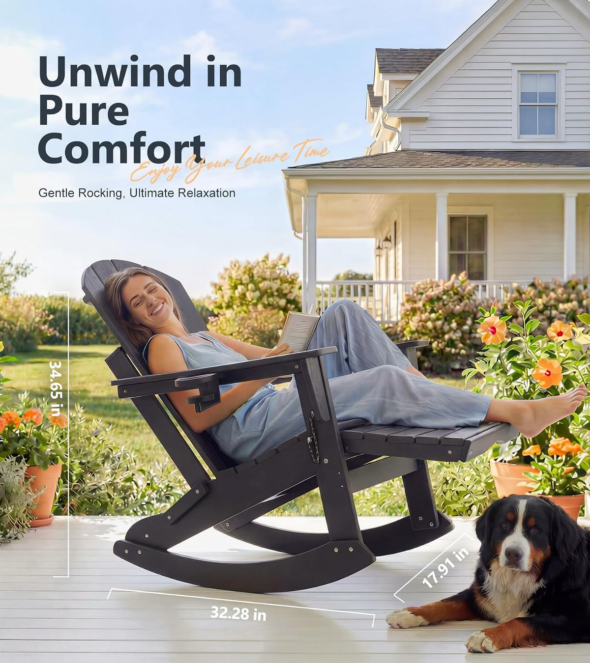 PASAMIC Adirondack Rocking Chairs Set of 2, Foldable All-Weather HDPE Patio Rockers with Retractable Ottoman & Cup Holder, Outdoor Chairs for Porch Backyard Pool Garden Balcony, Ebony Black