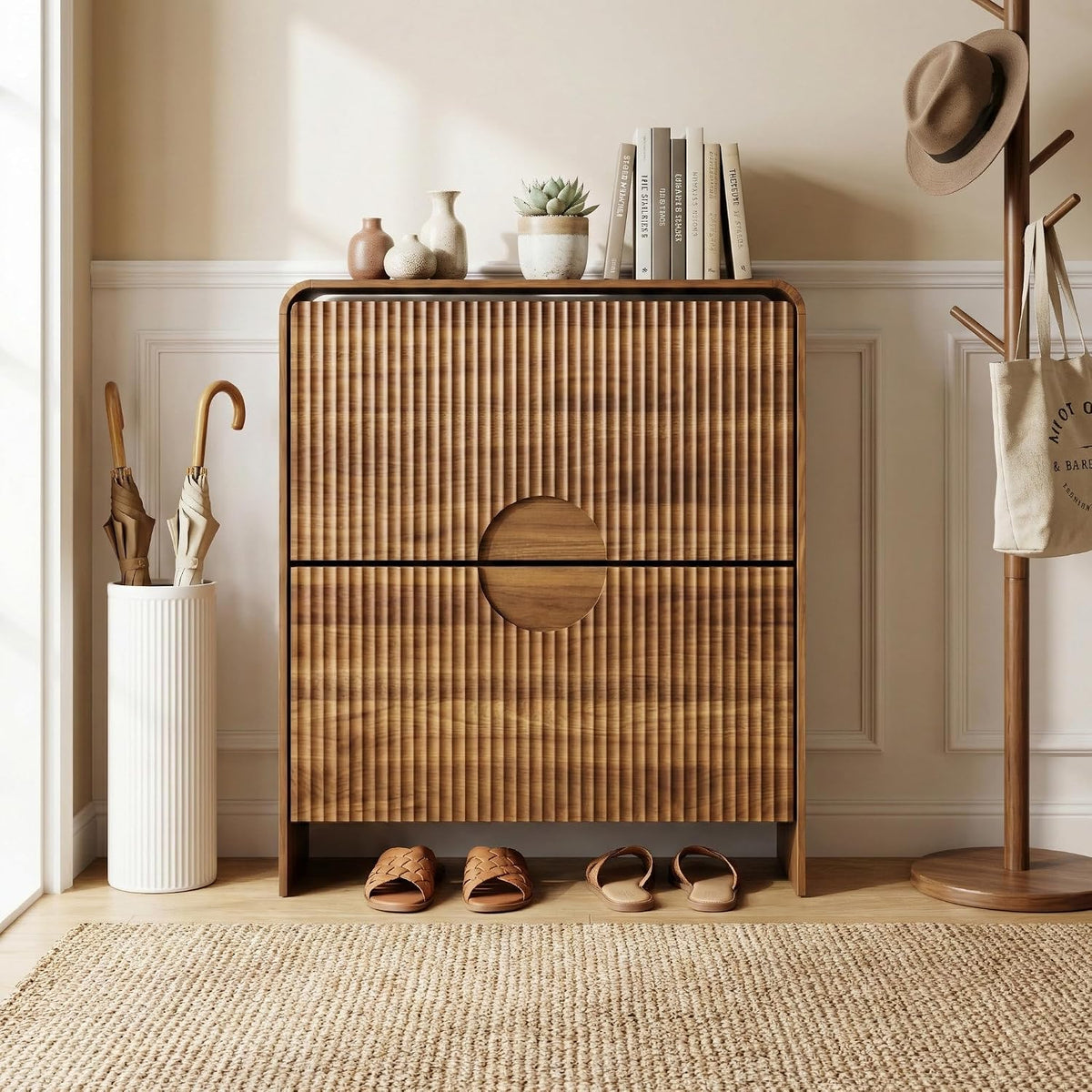 Slim Shoe Storage Cabinet for Entryway, Narrow Shoe Cabinet with 2 Tier Flip Drawers Doors, Fluted Hidden Shoe Rack Organizer for Entrance, Entry Way, Foyer, Hallway, Walnut
