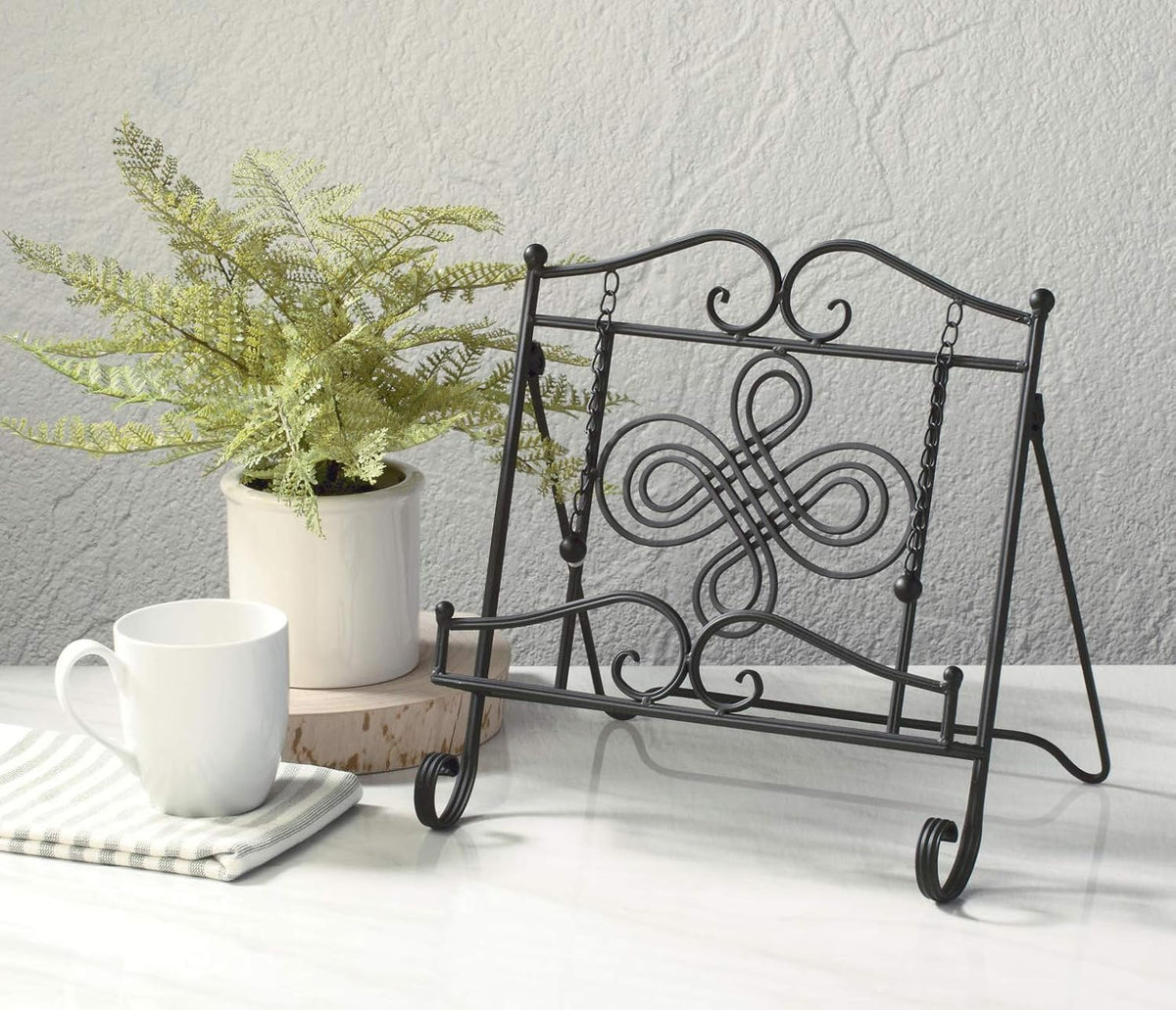 TRIPAR Swirl Design Black Metal Cookbook Stand for Cookbooks, Recipe Holders, Tablets, Catalogs, Portable, Adjustable, Free Standing