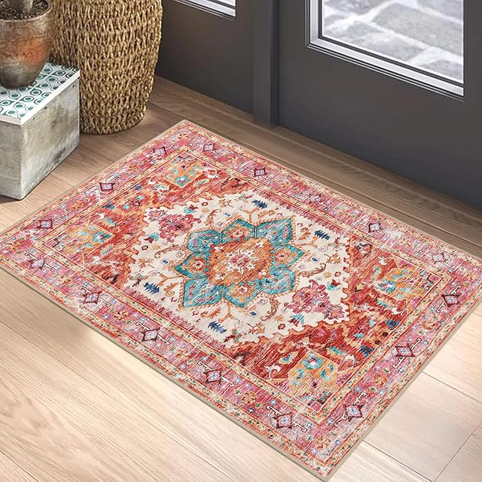 Yamaziot Washable Area Rug, 2x3 Small Entryway Rug Non-Slip Boho Vintage Rug