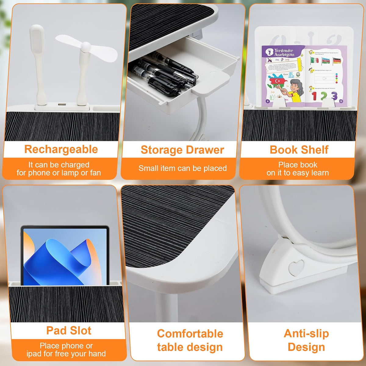 Laptop Desk for Bed, Adjustable Height Laptop Bed Table, Foldable Lap Desk with USB Charge Port, Desktop Card Slot, Side Drawer, Book Shelf, Portable Lap Tray for Eating Reading Working Sofa & Floor