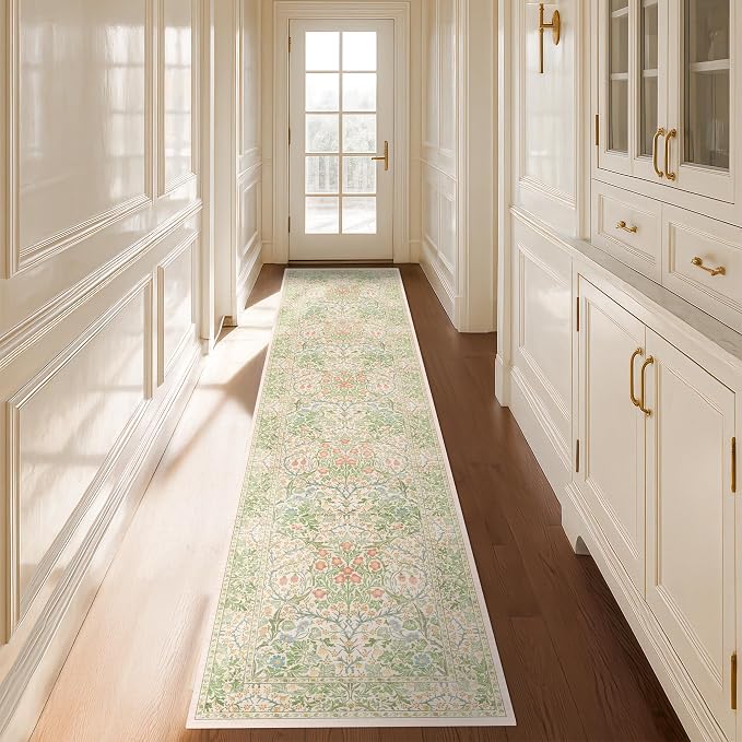 Washable Beige Green 2x10 Runner Rug