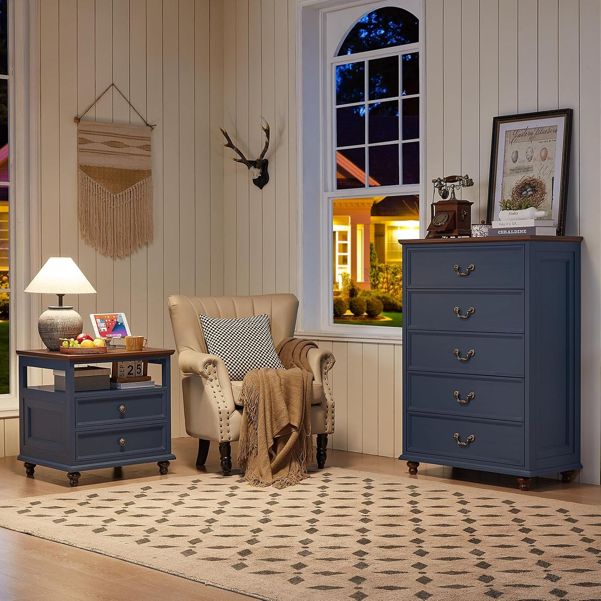 Joaxswe Farmhouse 5 Drawer Dresser for Bedroom, 45" Tall Rustic Chests of Drawers w/ 4 Solid Wood Feet, Mid Century Modern Wooden Closet Storage Dressers Organizer for Living Room, Hallway, Navy Blue
