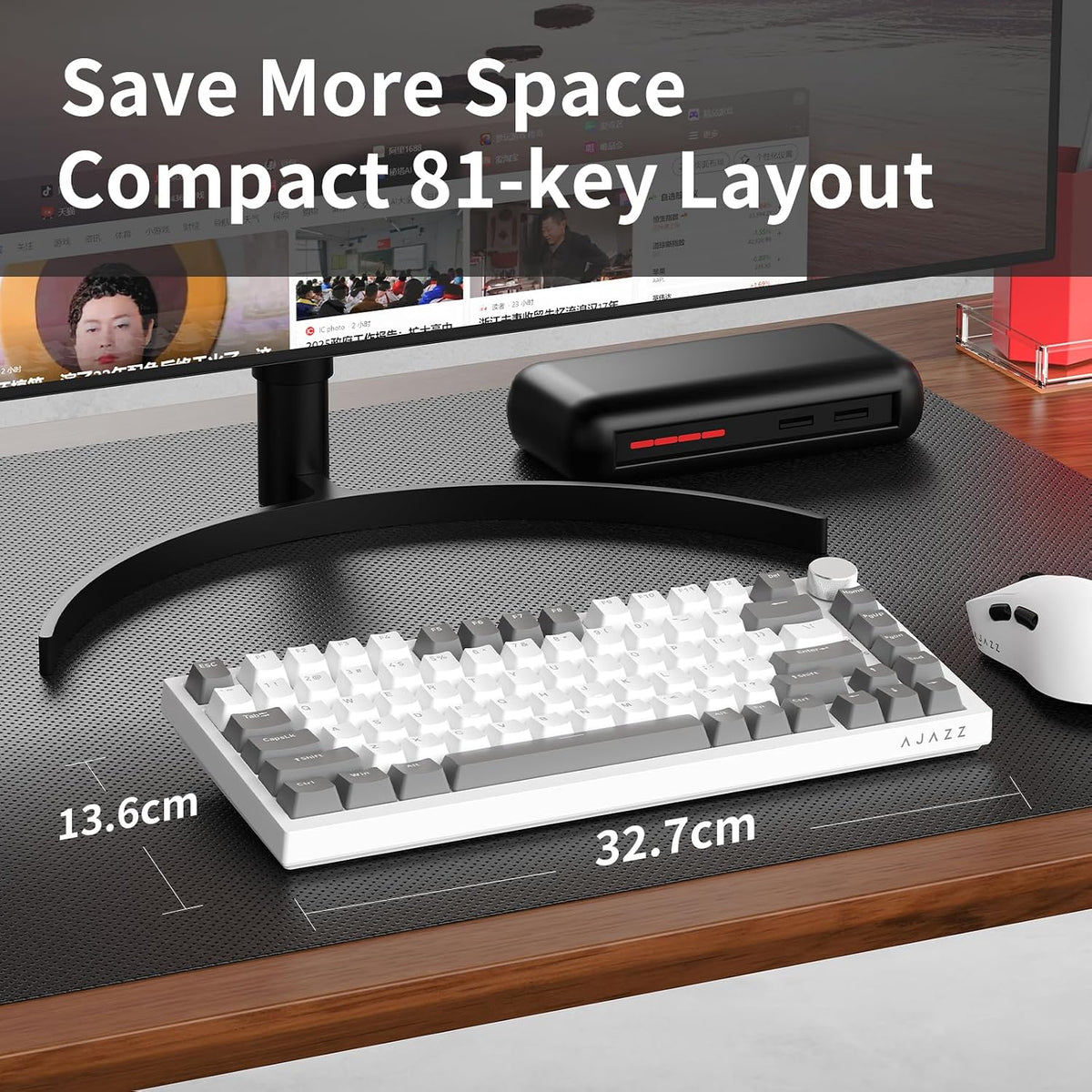 Ajazz AK820 75% Mechanical Gaming Keyboard, Wired Gasket Mount Hot-Swappable Keyboard with Volume Knob, 5-Layer Sound Dampening, PBT Keycaps, 82 Keys, Gray White