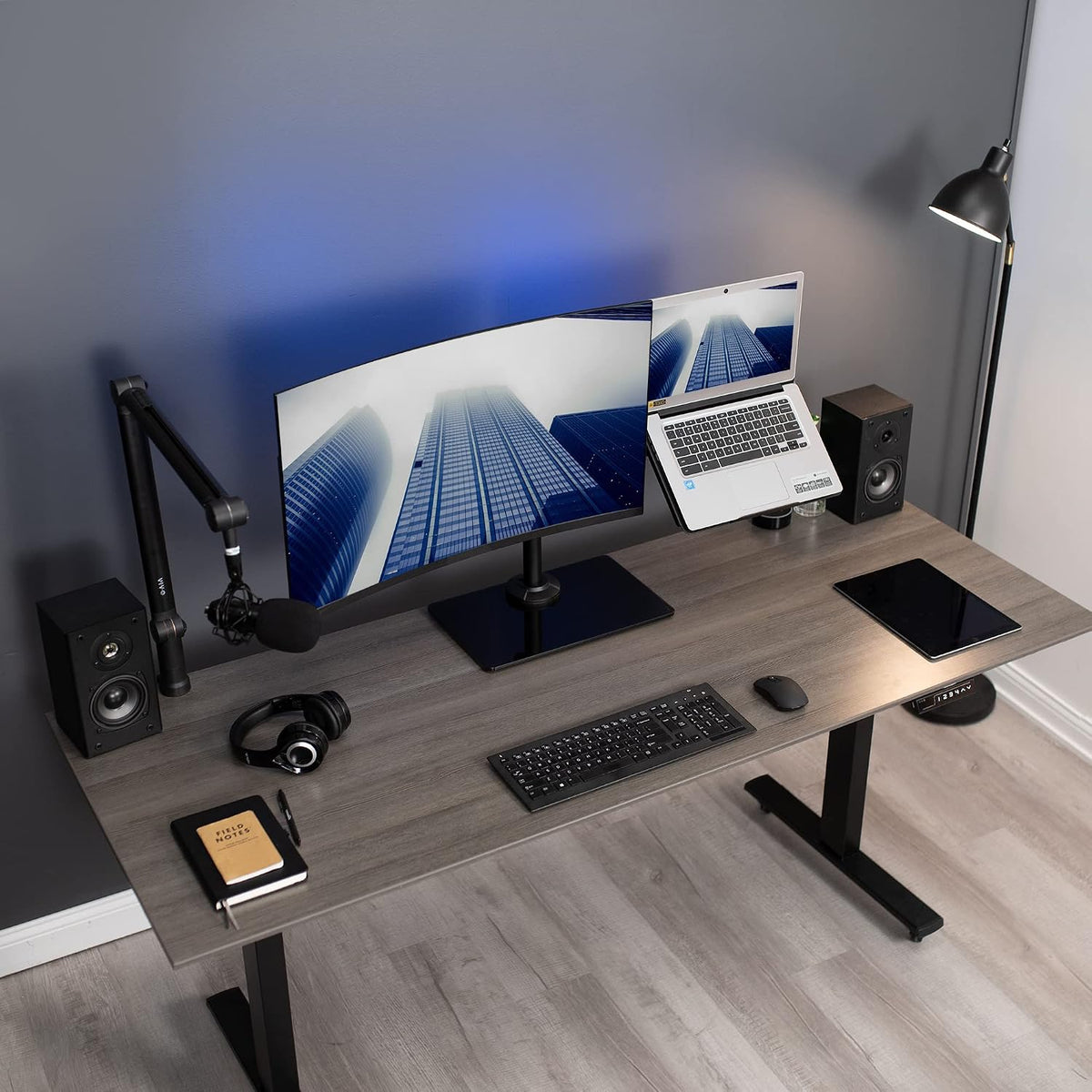 VIVO Free Standing Single Computer Monitor and Laptop Combo Desk Stand with Sleek Glass Base, Fits up to 32 inch Monitors and 17 inch Laptops, Black, STAND-V002FGL