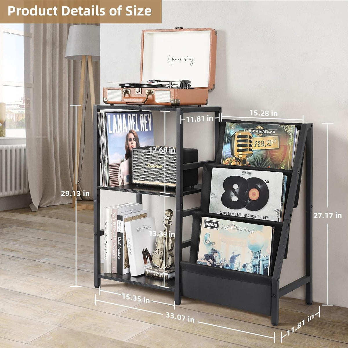 Bikoney Record Player Stand, Turntable Stand with 3-Tier Vinyl Record Storage, Record Player Table Up to 200 Albums, End Table for Records, Vinyl Record Holder