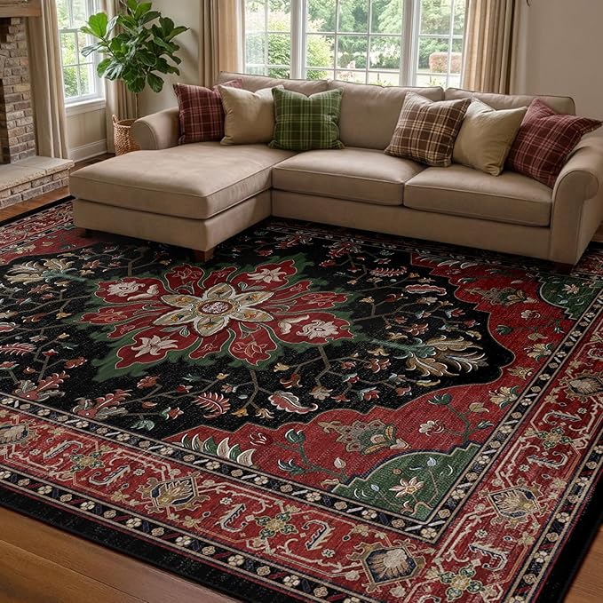 RELEANY Area Rugs 7'x10' Washable Non-Slip, Floral Vintage Distress Medallion