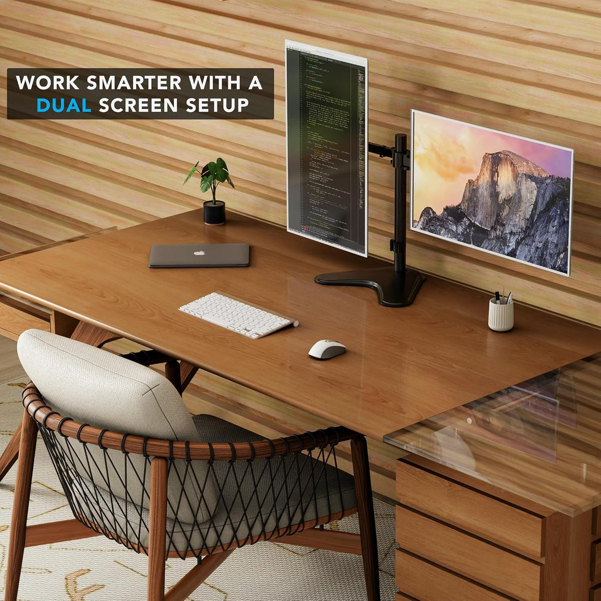 Mount-It! Dual Monitor Stand, Premium Adjustable Desk Mount for Two 13–32 Inch Screens up to 17 lbs Each, Full Motion Swivel Tilt Rotate Height Adjustable Arms, VESA 75x75 100x100, Steel Base