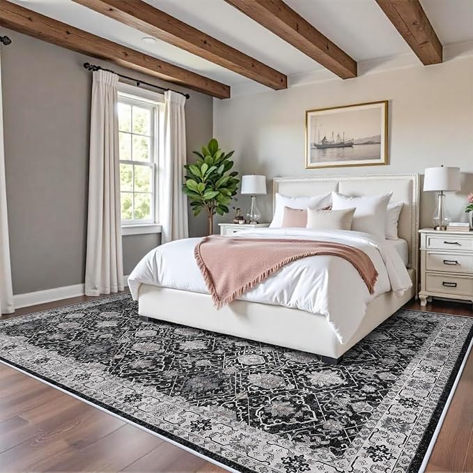 Washable 8x10 Living Room Rug: Vintage Low Pile Water Resistant Area Rug