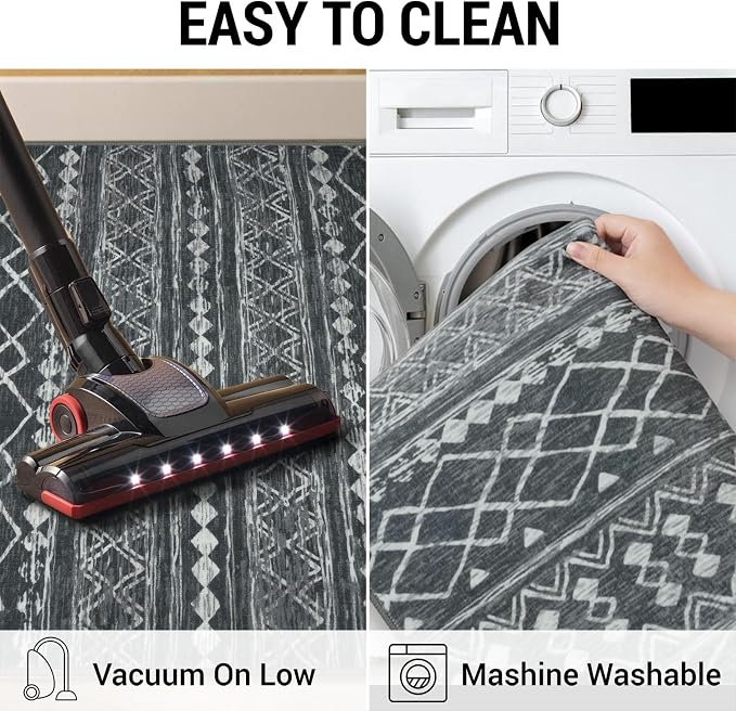 KUTA 2x6 Washable Runner Rug Non-Slip, Dark Grey Beige Moroccan Boho Rug Runner