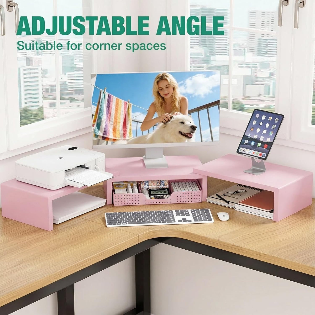 OPNICE Dual Computer Monitor Stand Riser, Desk Organizer with Drawer, Office Desk Accessories & Workspace Organizers for Home Office Supplies, Pink