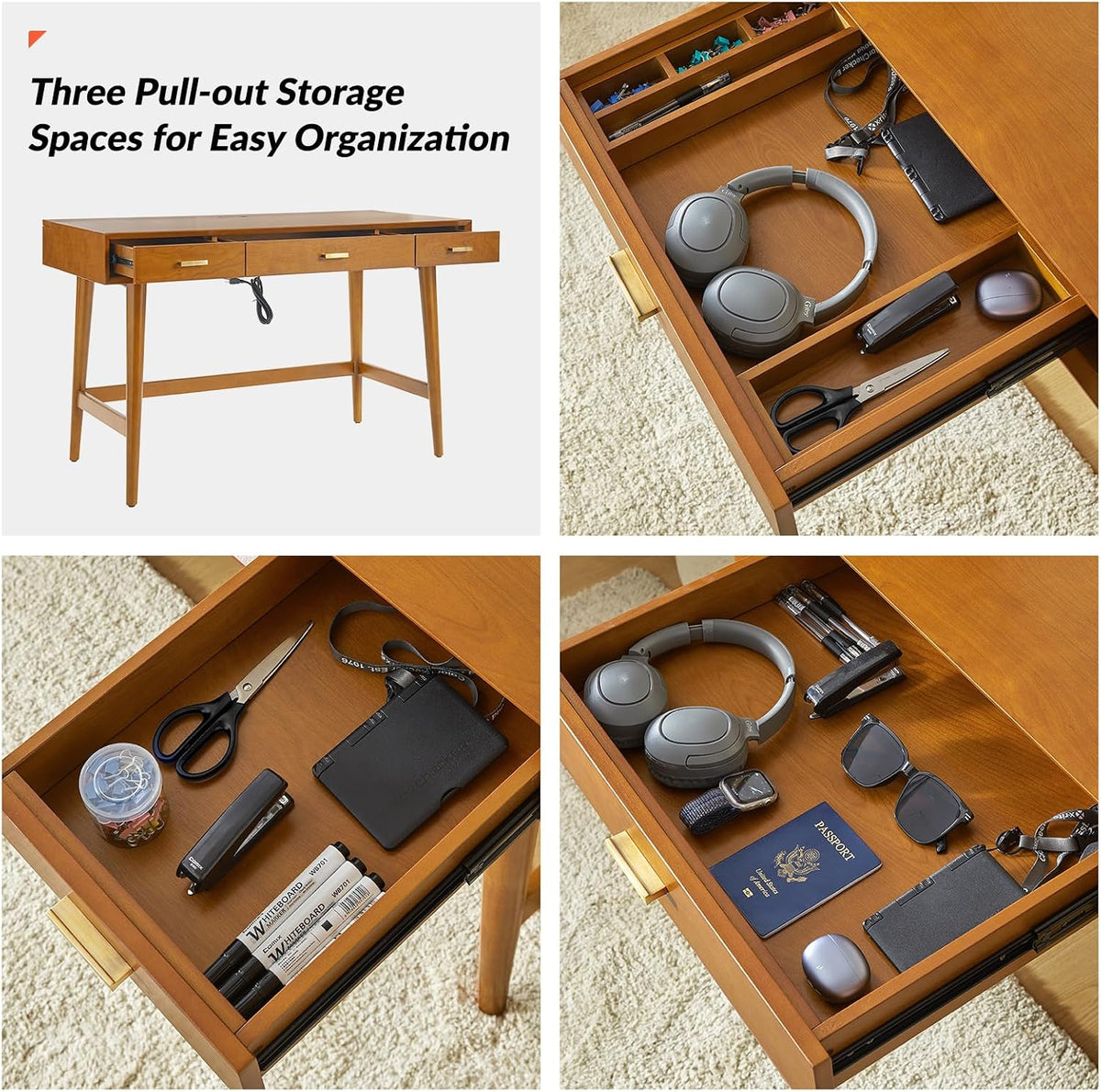 HULALA HOME 47" Writing Desk with 3 Drawers, Wood Office Desk with USB Charging Staion, Vintage Office Desk with Cable Management(Acorn)