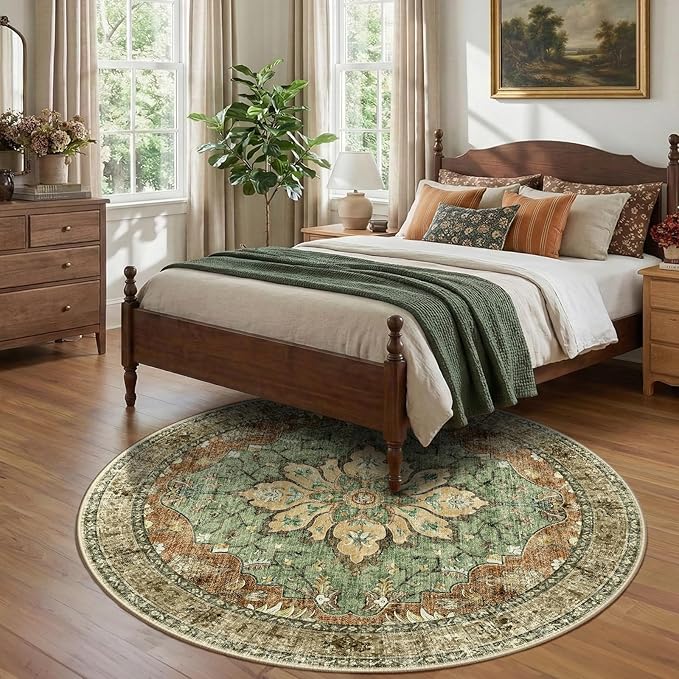 RELEANY Area Rugs Round 7ft Washable Non-Slip, Floral Vintage Distress