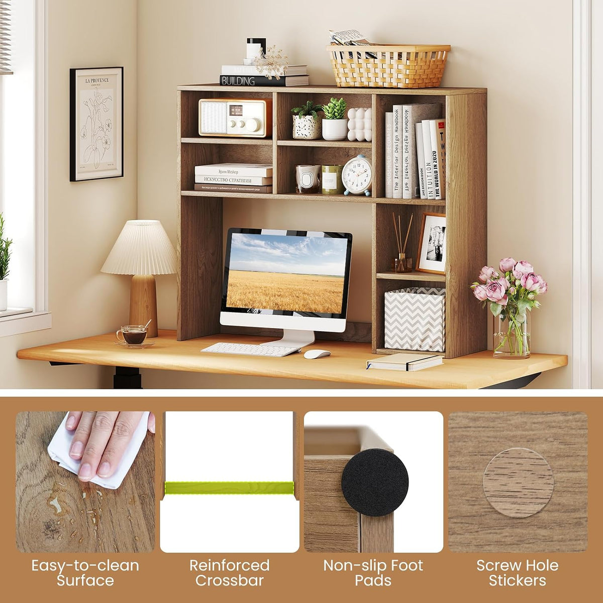 MAT EXPERT Wooden Desktop Bookshelf, Countertop Desk Hutch w/ 7 Cubes & Adjustable Shelves, Anti-toppling Kits, Table Top Organizer Shelf Fits Monitors up to 27” for Dorm, Office, Study (Natural)
