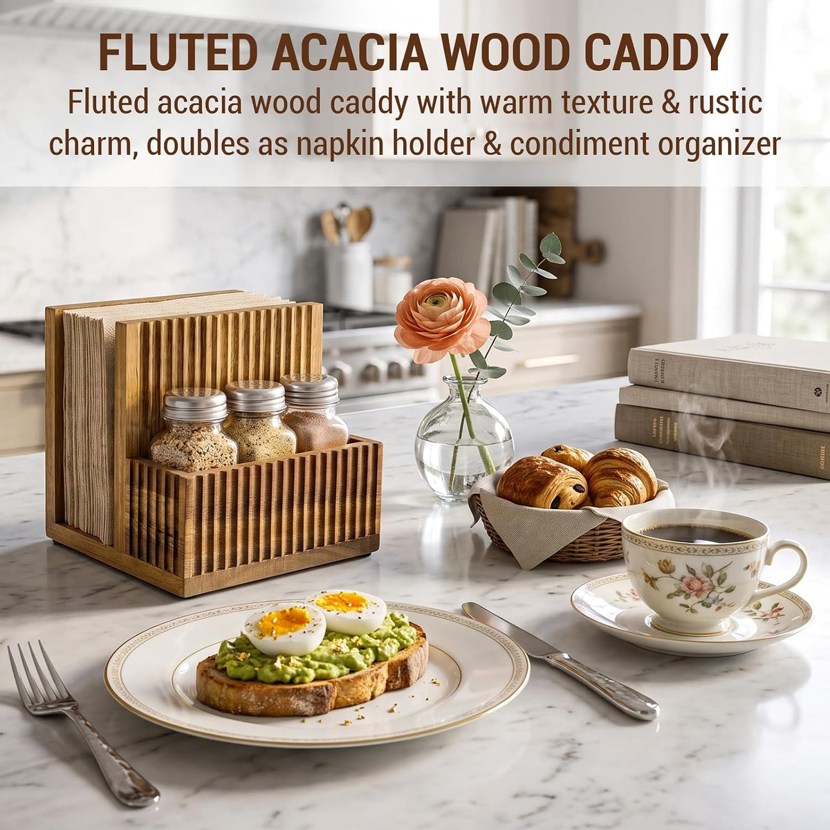 MyGift 4-Piece Fluted Acacia Wood Dining Table Organizer Set – Napkin Holder, Salt and Pepper Shakers and Condiment Caddy, Rustic Kitchen Table Decor