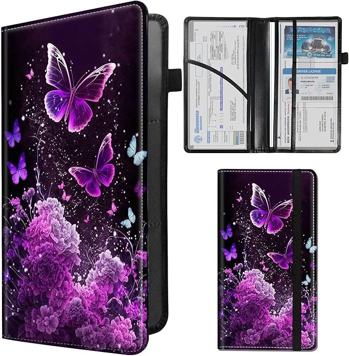 Car Registration and Insurance Holder,Leather Insurance License and Registration Card Holder for Car Glove Box, Auto Truck Document Holder Organizer for Men Women-Purple Butterflies Flower