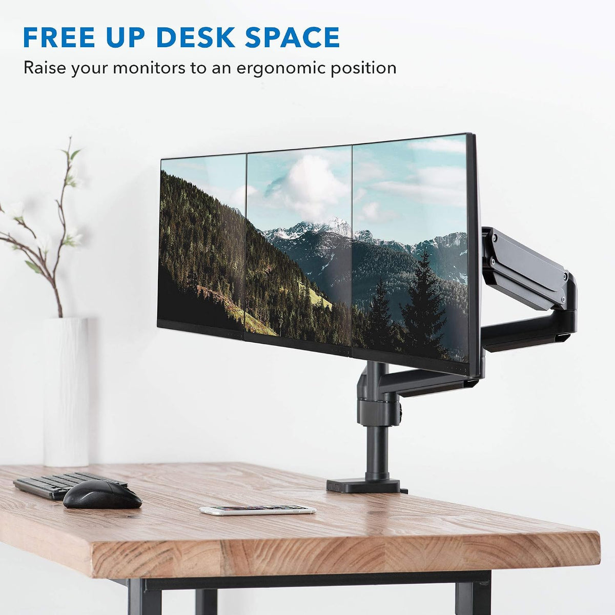 Mount-It! Triple Monitor Desk Mount with Full Motion Arms, 3 Monitor Riser with Gas Spring Arms for 27" Max Computer Screens, Sturdy Dual Clamp Base, Black