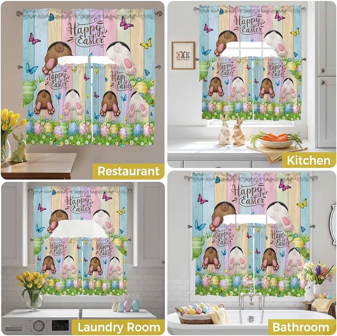 Swag Valance Curtains, Happy Easter Rabbit Butt Egg on Daisy Leaf Rod Pocket