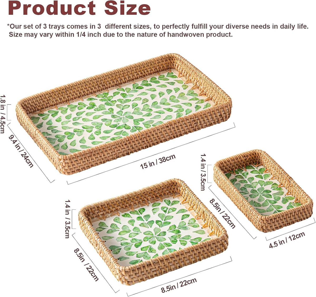 Set of 3 Rattan Serving Trays with Mother of Pearl, Terrekraft
