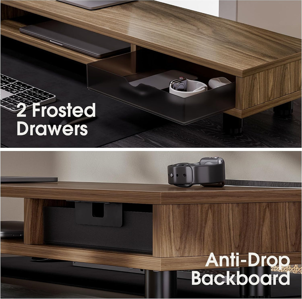 Fenge Dual Monitor Riser with 2 Drawers, 42.5in Long Desk Shelf, Brown