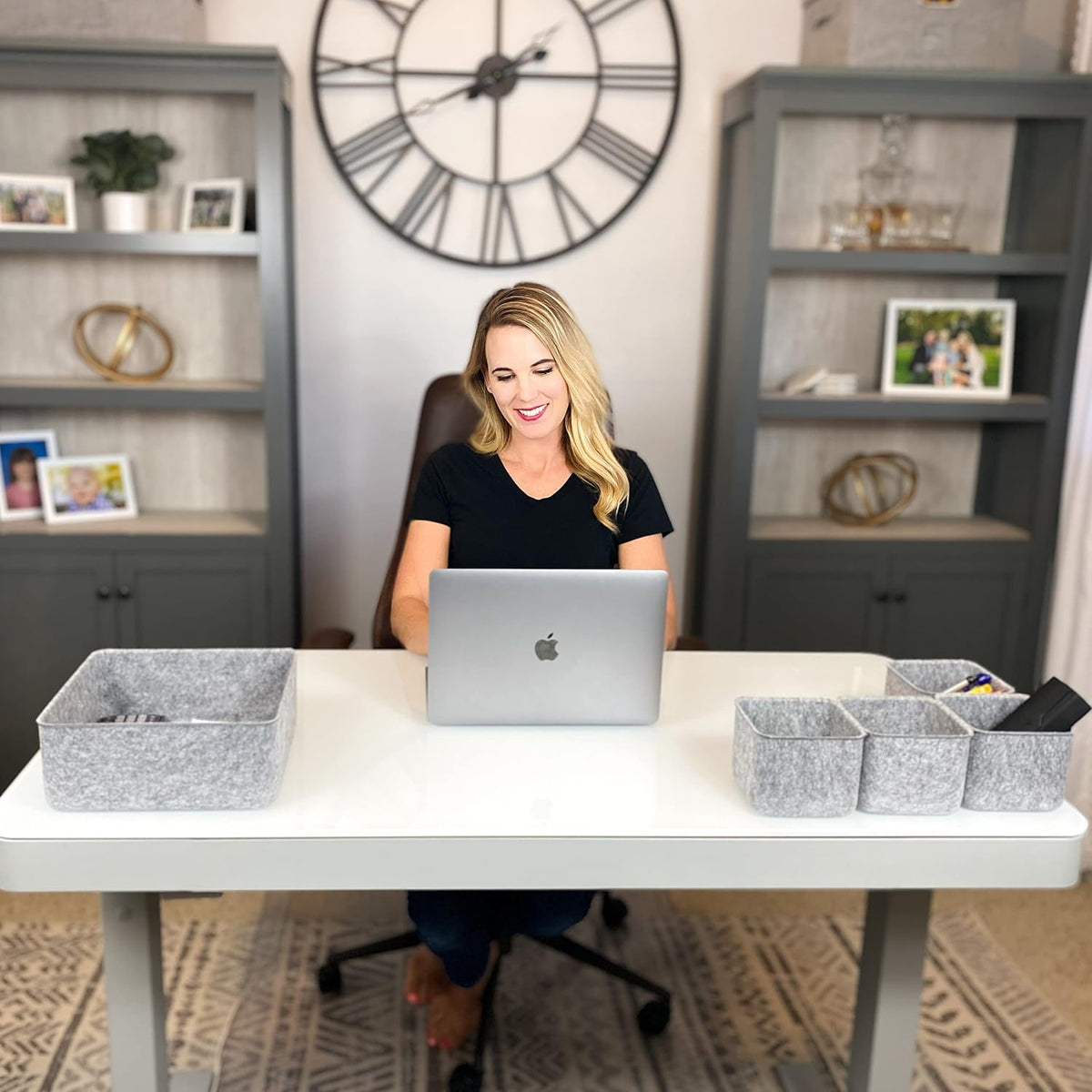 Welaxy Desk Organizers Storage bins Set Office Drawer Organizers Pen holder pencil cup phone stand sticky note storage Closet Cabinet boxes Organizing 5-piece Pack (Gray)