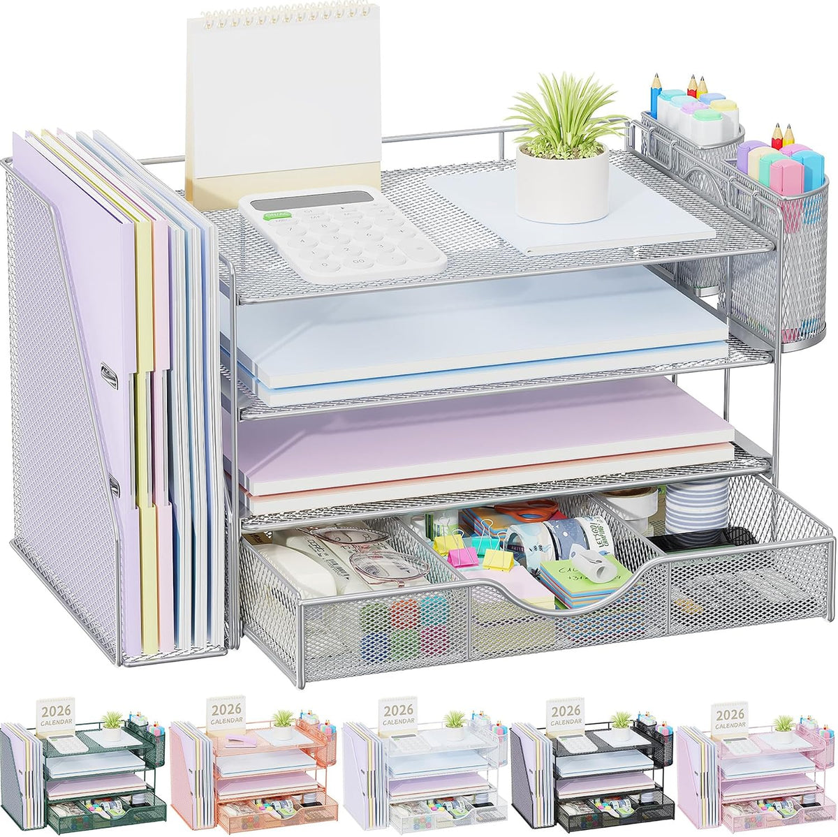 gianotter Desk Organizers and Accessories with File Holder, 4-Tier Desk Accessories & Workspace Organizers with Drawer and 2 Pen Holder, Paper Organizer for Office Supplies (Grey)