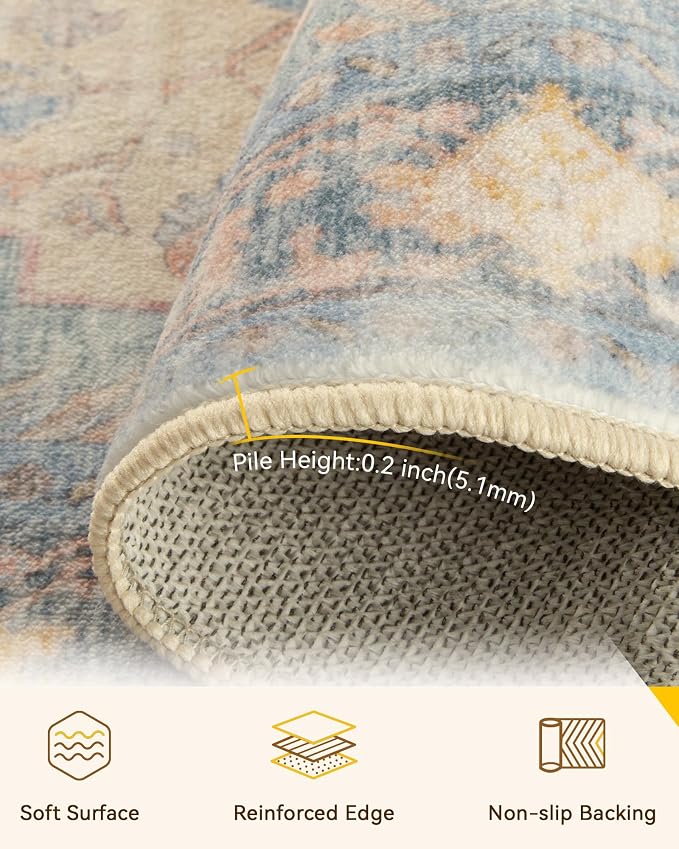 RELEANY Area Rugs Round 4ft Washable Non-Slip, Floral Vintage Distress