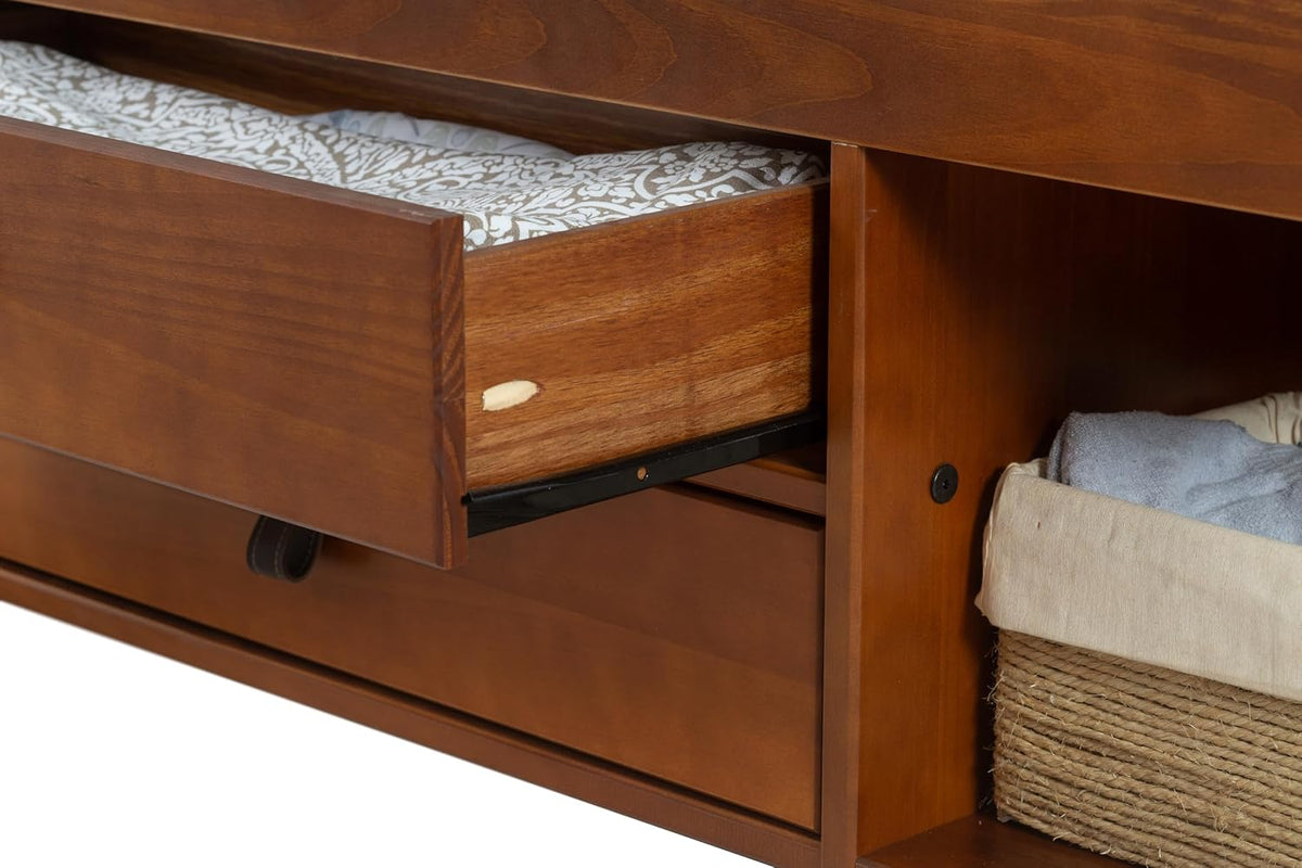 memomad Bali Full Size Slim Set: Storage Platform Bed with Drawers and Compartments + Wall Mounted Headboard, Solid Pine Wood Furniture with Underbed Storage, No Box Spring Needed, Caramel Brown