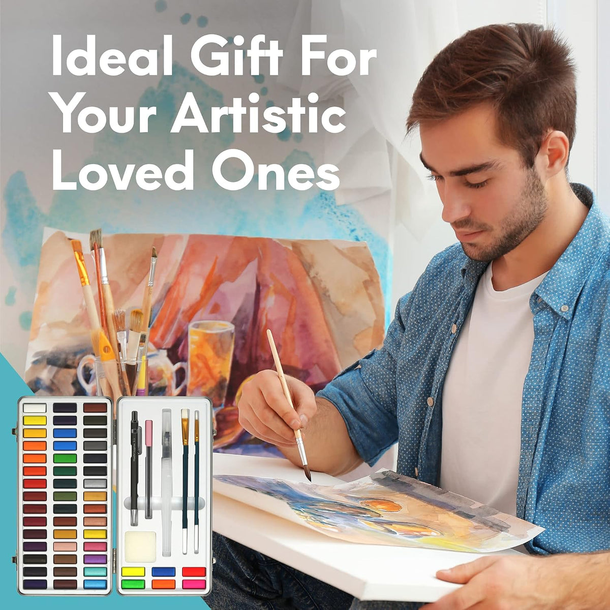 MozArt Supplies - Watercolor paint set 51 Vibrant Colors + accessories - For beginners & professionals