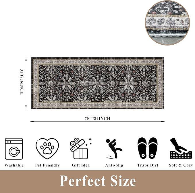3x7 Washable Non-Slip Kitchen Runner Rug – Soft Low-Pile Stain-Resistant Carpet