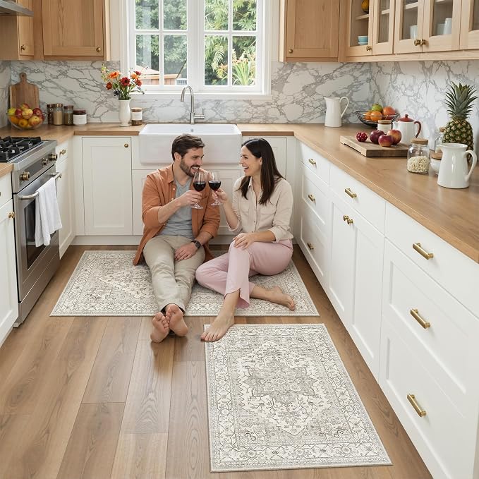 Madane 2-Piece Kitchen Runner Rug Set, Small Area Rug Non-Slip Vintage Door Mat