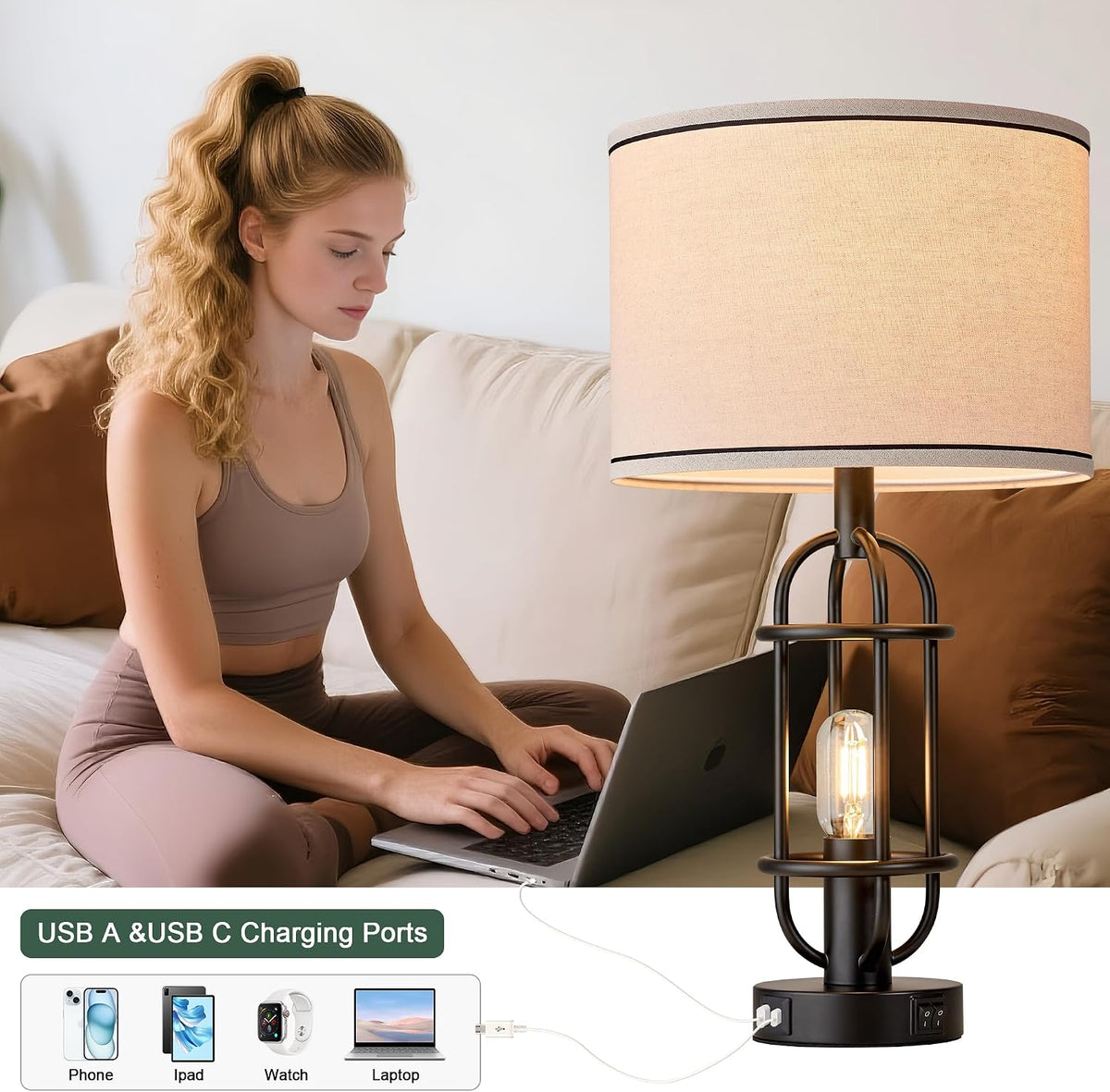 Reaketon 22.3” Farmhouse Table Lamps for Living Room Set of 2, Black