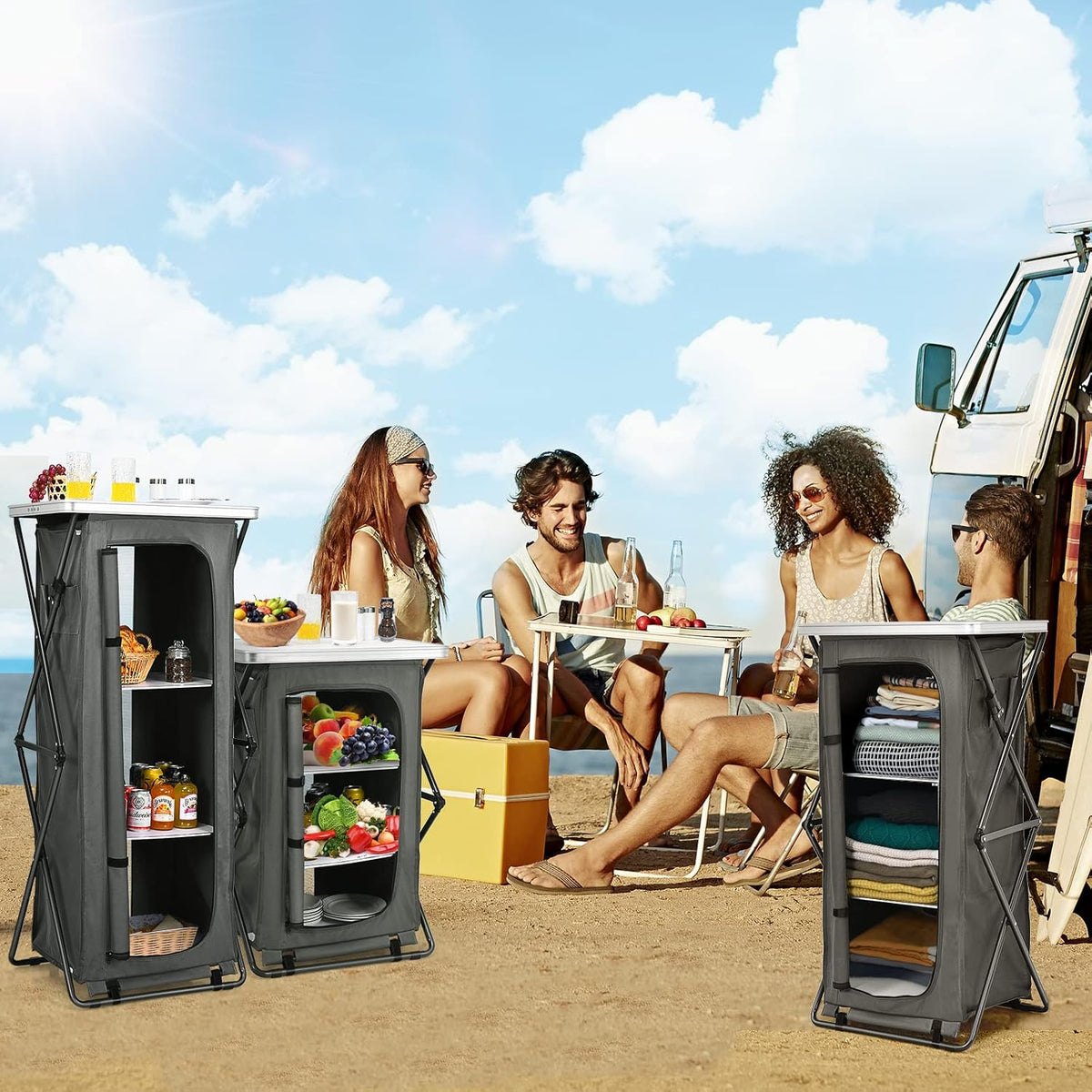 GIANTEX Folding Camping Storage Cabinet with 3 Shelves and Carry Bag, Portable Outdoor Organizer Kitchen Table, Quick Set-up for BBQ, Picnic, Backyard, Compact Pop-Up Cupboard, 47''H