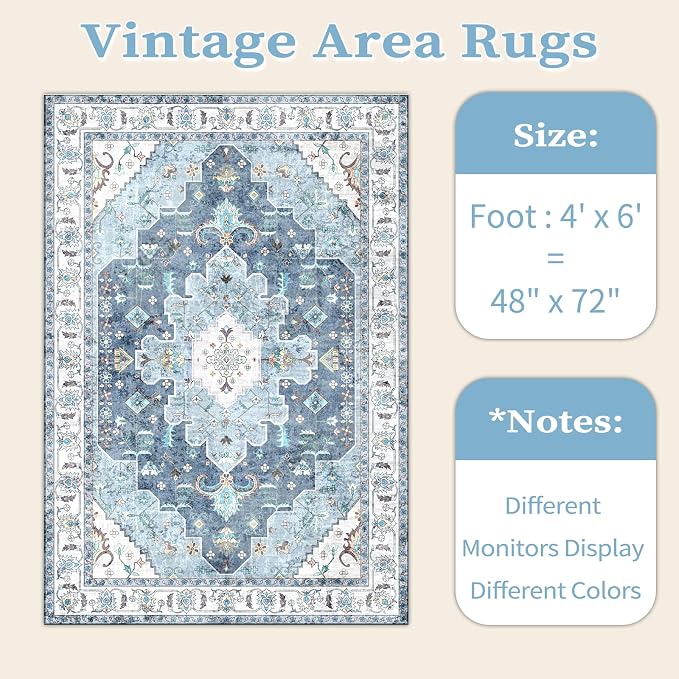SERISSA Area Rug 4x6 Boho Rugs for Bedroom, Vintage Blue Washable Non Slip Rugs