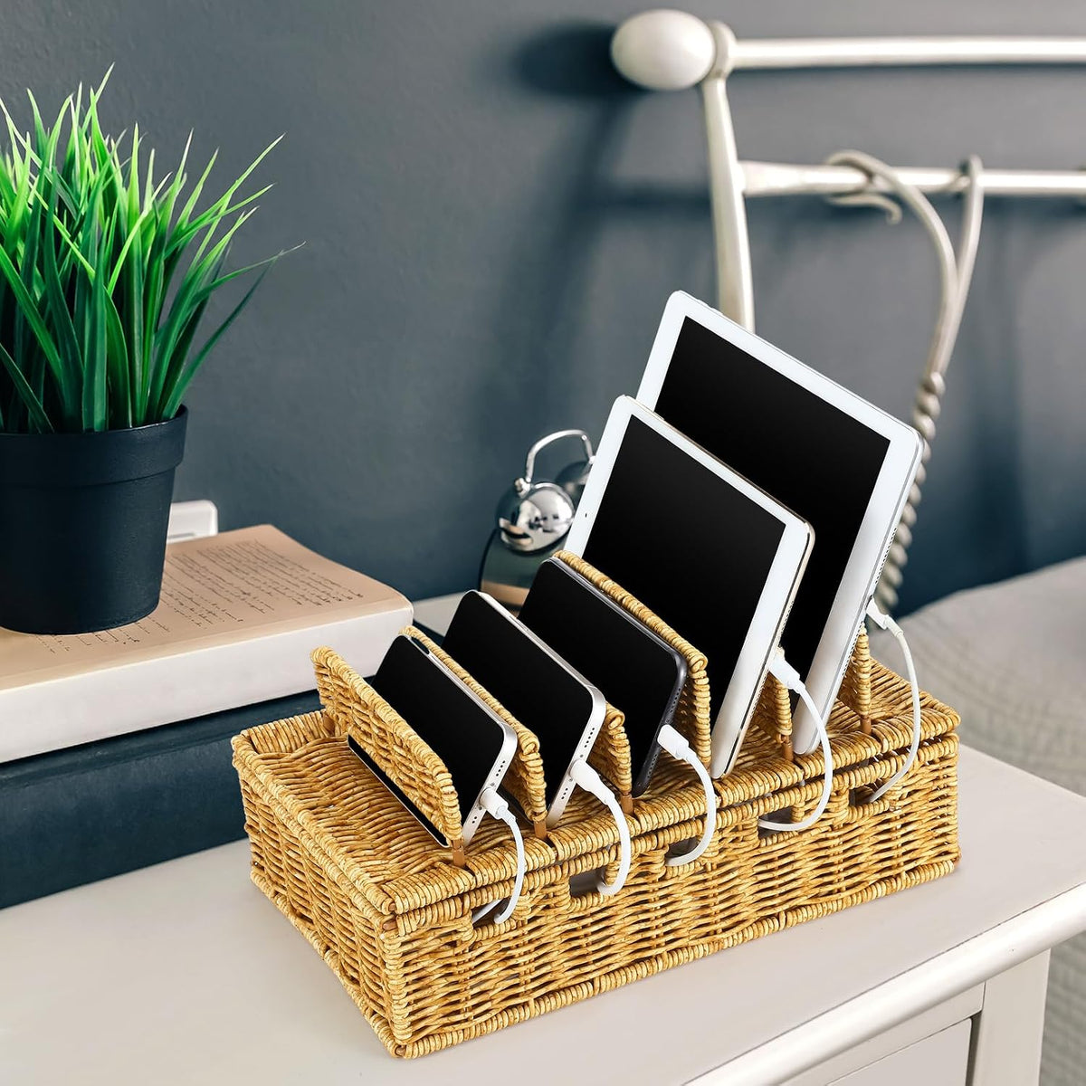 CroBlissful Cable Management Box Handwoven Imitation Rattan Cord Hider Box Charging Station Basket Desktop Cord Organizer with Removable Divider for Laptop Tablet 12.5lx5.9hx7.6w-inch(Rattan Color)