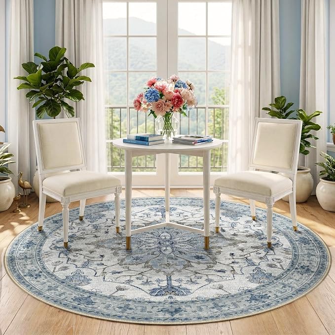 RELEANY Area Rugs Round 5ft Washable Non-Slip, Floral Vintage Distress
