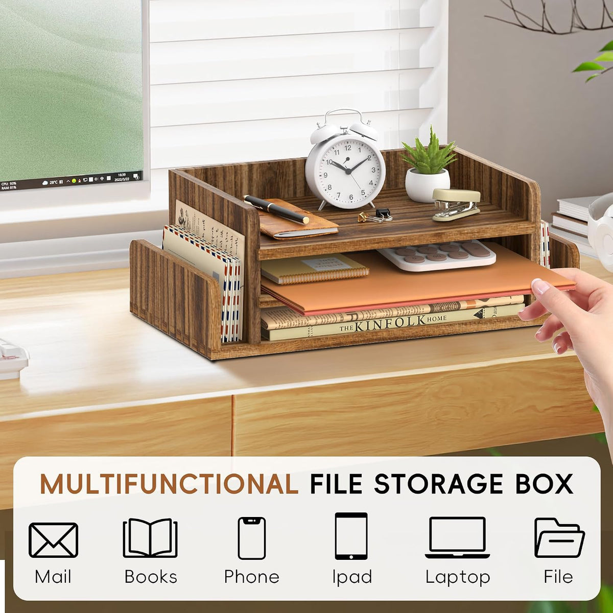 Wooden Desk Organizer, 3-Tier Paper Trays with 2 Mail Sorters, Dark Brown